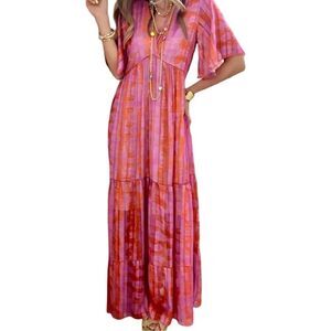 Coacia Watercolor-Print Tiered Maxi Pink Dress Size M NWT